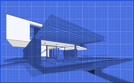 3d rendering of modern cozy house on the hill with garage and pool for sale or rent.  Black line sketch with soft light shadows and white spot on blueprint background.の写真素材