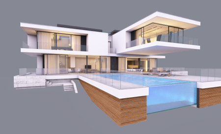 3d rendering of modern cozy house by the river with garage and pool for sale or rent in evening with cozy light from window. Isolated on grayの写真素材