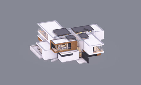 3d rendering of modern cozy house by the river with garage and pool for sale or rent in evening with...