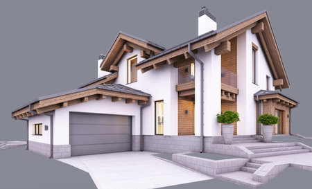 3d rendering of modern cozy house in chalet style with garage and pool for sale or rent in evening with cozy light from window. Isolated on grayの写真素材