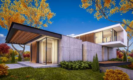 3d rendering of modern cozy house on the hill with garage and pool for sale or rent with beautiful landscaping on background. Soft autumn evening with golden leafs anywhereの写真素材