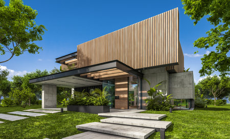 3d rendering of modern cozy house with parking and pool for sale or rent with wood plank facade and beautiful landscaping on background. Clear sunny summer day with blue sky.の写真素材