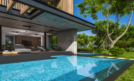3d rendering of modern cozy house with parking and pool for sale or rent with wood plank facade and beautiful landscaping on background. Clear sunny summer day with blue sky.の写真素材