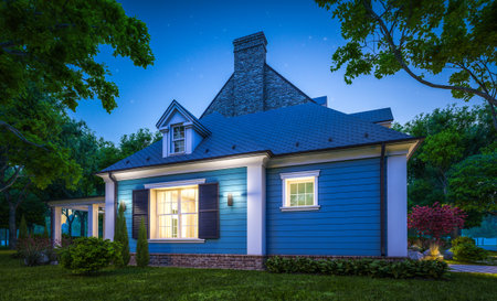 3d rendering of modern cozy classic house in colonial style with garage and pool for sale or rent with beautiful landscaping on background. Clear summer night with many stars on the sky.の写真素材