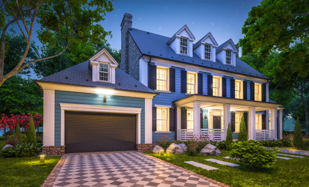 3d rendering of modern cozy classic house in colonial style with garage and pool for sale or rent with beautiful landscaping on background. Clear summer night with many stars on the sky.の写真素材