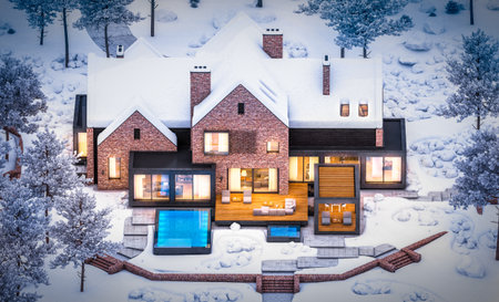 3d rendering of modern cozy clinker house on the ponds with garage and pool for sale or rent with beautiful landscaping on background. Cool winter night with warm cozy light inside.の写真素材