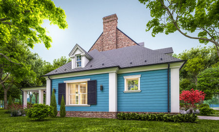 3d rendering of modern cozy classic house in colonial style with garage and pool for sale or rent with beautiful landscaping on background. Clear summer evening with cozy light from windowの写真素材