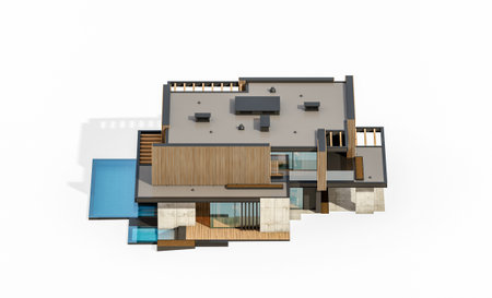 3d rendering of modern cozy house with parking and pool for sale or rent with wood plank facade....
