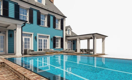 3d rendering of modern cozy classic house in colonial style with garage and pool for sale or rent. Isolated on white.の写真素材