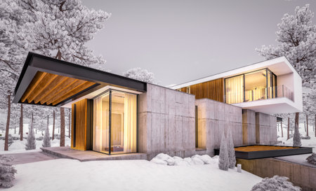 3d rendering of modern cozy house on the hill with garage and pool for sale or rent with beautiful landscaping on background. Cool winter evening with cozy light inside.の写真素材