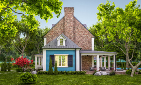 3d rendering of modern cozy classic house in colonial style with garage and pool for sale or rent with beautiful landscaping on background. Clear summer evening with cozy light from windowの写真素材