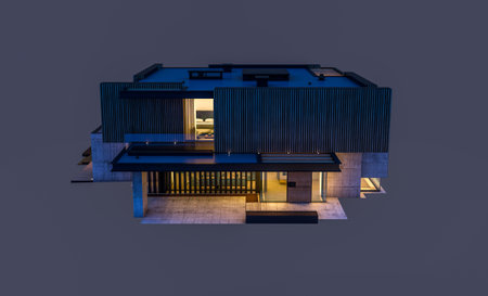 3d rendering of modern cozy house with parking and pool for sale or rent with wood plank facade....