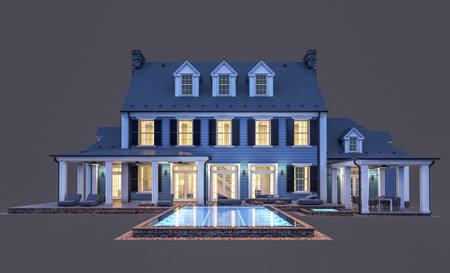 3d rendering of modern cozy classic house in colonial style with garage and pool for sale or rent in night. Isolated on black.の写真素材