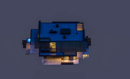 3d rendering of modern cozy house with parking and pool for sale or rent with wood plank facade....