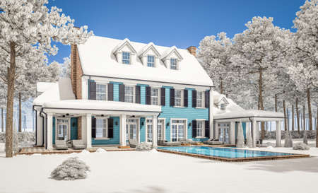 3d rendering of modern cozy classic house in colonial style with garage and pool for sale or rent with beautiful landscaping on background. Cool winter day with shiny white snow.の写真素材