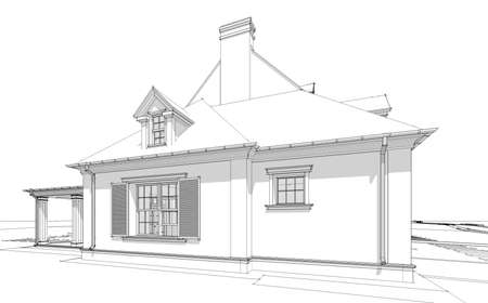 3d rendering of modern cozy classic house in colonial style with garage and pool for sale or rent with beautiful landscaping on background. Black line sketch with soft light shadows on white background.の写真素材