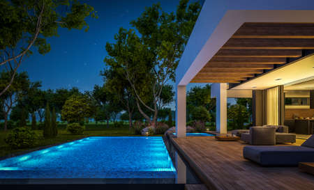 3d rendering of modern cozy house with pool and parking for sale or rent in luxurious style and beautiful landscaping on background. Clear summer night with many stars on the sky.の素材 [FY310159600559]