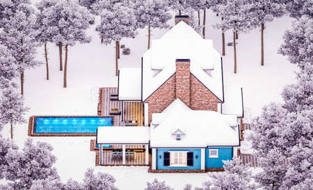 3d rendering of modern cozy classic house in colonial style with garage and pool for sale or rent with beautiful landscaping on background. Cool winter evening with cozy light from windows.の写真素材