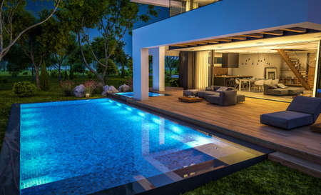 3d rendering of modern cozy house with pool and parking for sale or rent in luxurious style and...