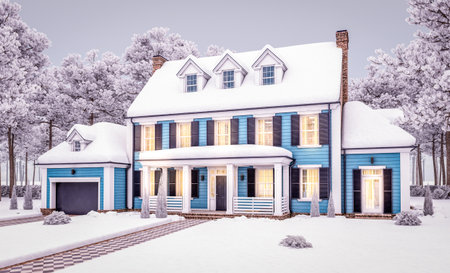 3d rendering of modern cozy classic house in colonial style with garage and pool for sale or rent with beautiful landscaping on background. Cool winter evening with cozy light from windows.の写真素材