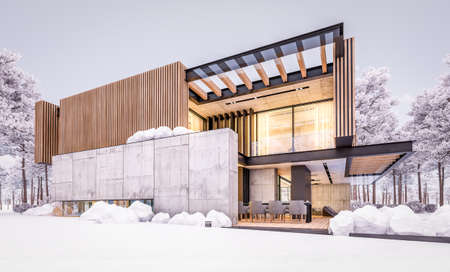 3d rendering of modern cozy house with parking and pool for sale or rent with wood plank facade and...