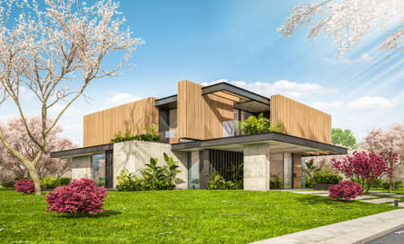 3d rendering of modern cozy house with parking and pool for sale or rent with wood plank facade and beautiful landscaping. Fresh spring day with a blooming trees with flowers of sakura on backgroundの写真素材