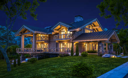 3d rendering of modern cozy chalet with pool and parking for sale or rent. Beautiful forest...