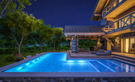 3d rendering of modern cozy chalet with pool and parking for sale or rent. Massive timber beams...