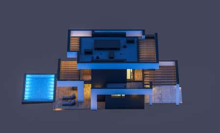 3d rendering of modern cozy house with pool and parking for sale or rent in luxurious style. In the night. Isolated on black.の写真素材