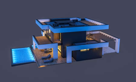 3d rendering of modern cozy house with pool and parking for sale or rent in luxurious style. In the...