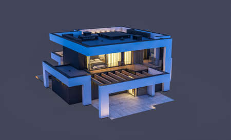 3d rendering of modern cozy house with pool and parking for sale or rent in luxurious style. In the night. Isolated on black.の写真素材