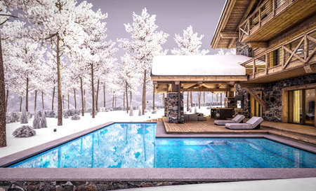 3d rendering of modern cozy chalet with pool and parking for sale or rent. Beautiful forest mountains on background. Massive timber beams columns. Cool winter evening with cozy light from windowsの写真素材