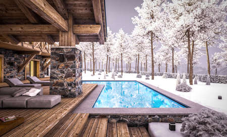 3d rendering of modern cozy chalet with pool and parking for sale or rent. Beautiful forest mountains on background. Massive timber beams columns. Cool winter evening with cozy light from windowsの写真素材