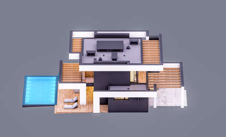 3d rendering of modern cozy house with pool and parking for sale or rent in luxurious style. In the...