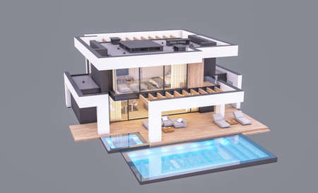 3d rendering of modern cozy house with pool and parking for sale or rent in luxurious style. In the evening. Isolated on grayの写真素材