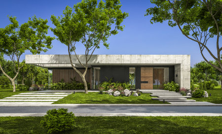 3d rendering of new concrete house in modern style with pool and parking for sale or rent and...