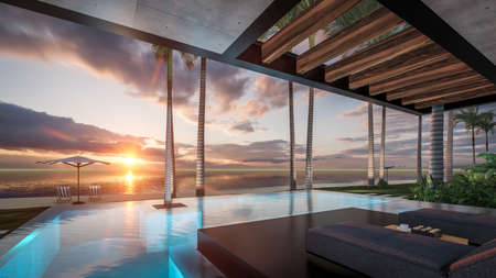 3d rendering of modern cozy house with parking and pool for sale or rent with wood plank facade by the sea or ocean. Sunset evening by the azure coast with palm trees and flowers in tropical islandの写真素材