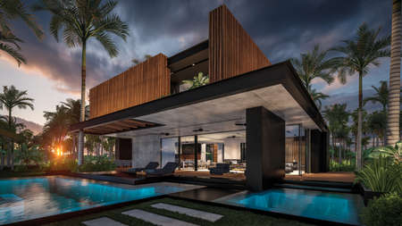 3d rendering of modern cozy house with parking and pool for sale or rent with wood plank facade by the sea or ocean. Sunset evening by the azure coast with palm trees and flowers in tropical islandの写真素材