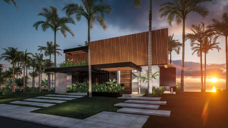 3d rendering of modern cozy house with parking and pool for sale or rent with wood plank facade by the sea or ocean. Sunset evening by the azure coast with palm trees and flowers in tropical islandの写真素材