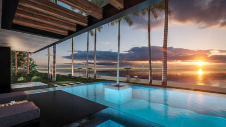 3d rendering of modern cozy house with parking and pool for sale or rent with wood plank facade by the sea or ocean. Sunset evening by the azure coast with palm trees and flowers in tropical islandの写真素材