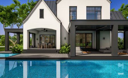 3d rendering of cute cozy white and black modern Tudor style house with parking and pool for sale or...