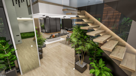 3d rendering of modern cozy interior with living,dining zone stair and kitchen for sale or rent with...