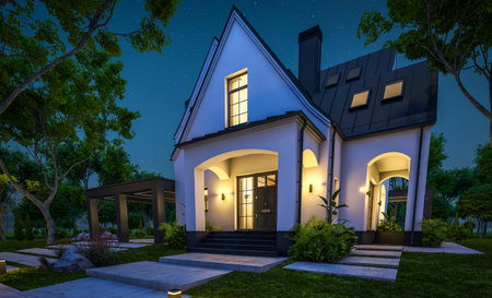 3d rendering of cute cozy white and black modern Tudor style house with parking and pool for sale or rent with beautiful landscaping. Fairy roofs. Clear summer night with many stars on the sky.の写真素材