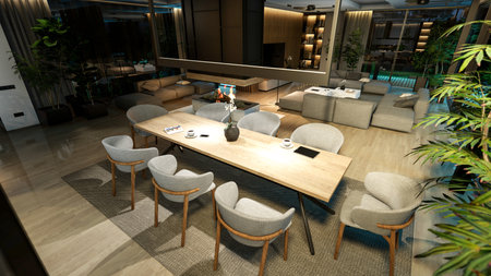 3d rendering of modern cozy interior with living,dining zone stair and kitchen for sale or rent with wood plank by the sea in night. Warm interior lighting combined with cold light from night streetの写真素材