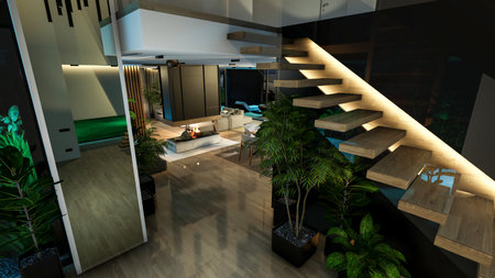 3d rendering of modern cozy interior with living,dining zone stair and kitchen for sale or rent with...