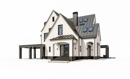 3d rendering of cute cozy white and black modern Tudor style house with parking and pool for sale or rent with beautiful landscaping. Fairy roofs. isolated on whiteの写真素材