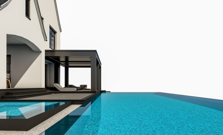3d rendering of cute cozy white and black modern Tudor style house with parking and pool for sale or rent with beautiful landscaping. Fairy roofs. isolated on whiteの写真素材