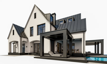 3d rendering of cute cozy white and black modern Tudor style house with parking and pool for sale or rent with beautiful landscaping. Fairy roofs. isolated on whiteの写真素材