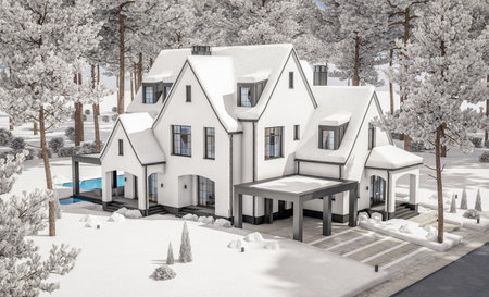3d rendering of cute cozy white and black modern Tudor style house with parking and pool for sale or rent with beautiful landscaping. Fairy roofs. Cool winter day with shiny white snow.の写真素材