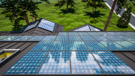 3d rendering of installation Solar panels on the roof of modern cozy chalet with pool and parking for sale or rent. beautiful forest mountains on backgroundの写真素材